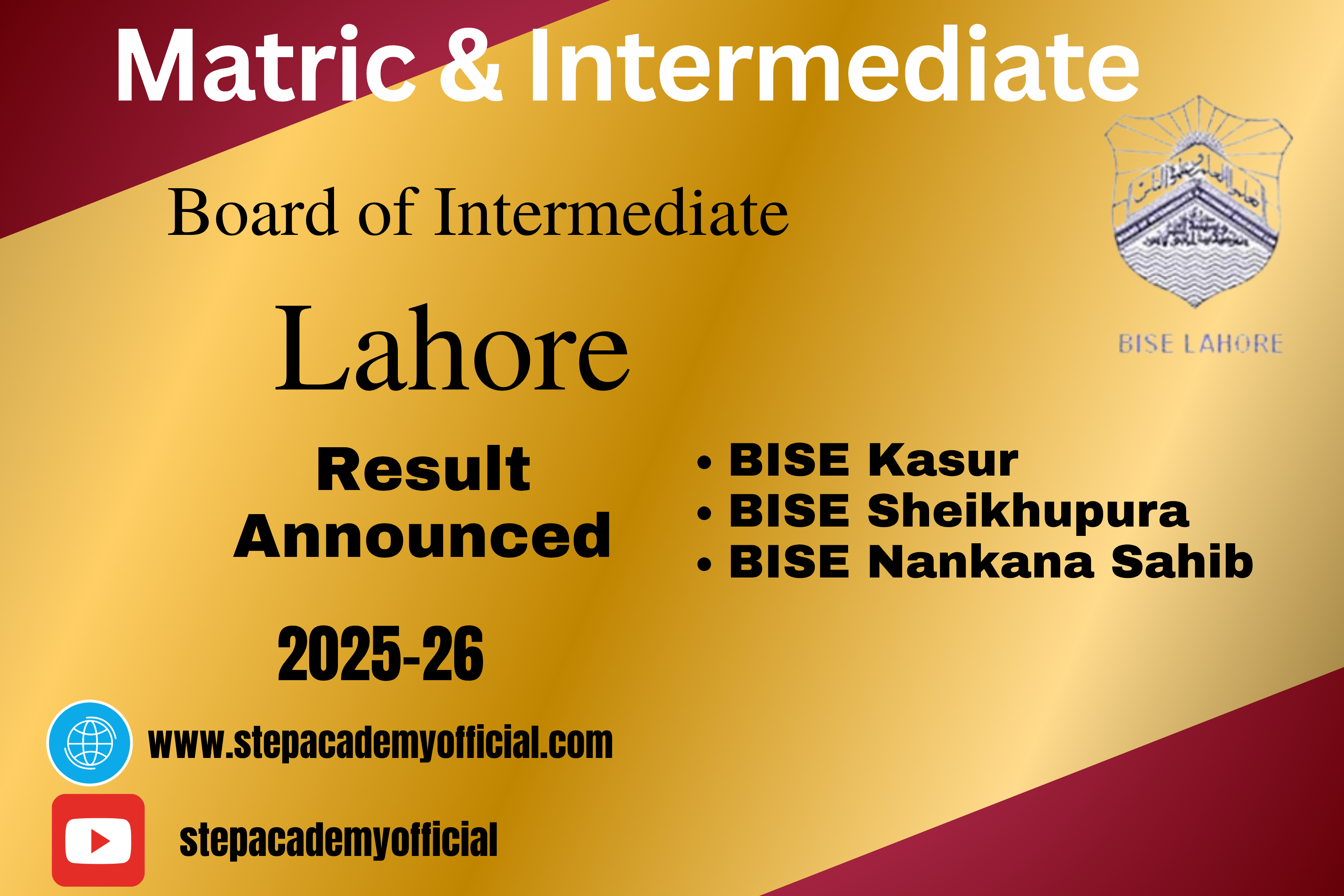 BISE Lahore Result 2025 for 9th, 10th, 11th and 12th Class students by Lahore Board